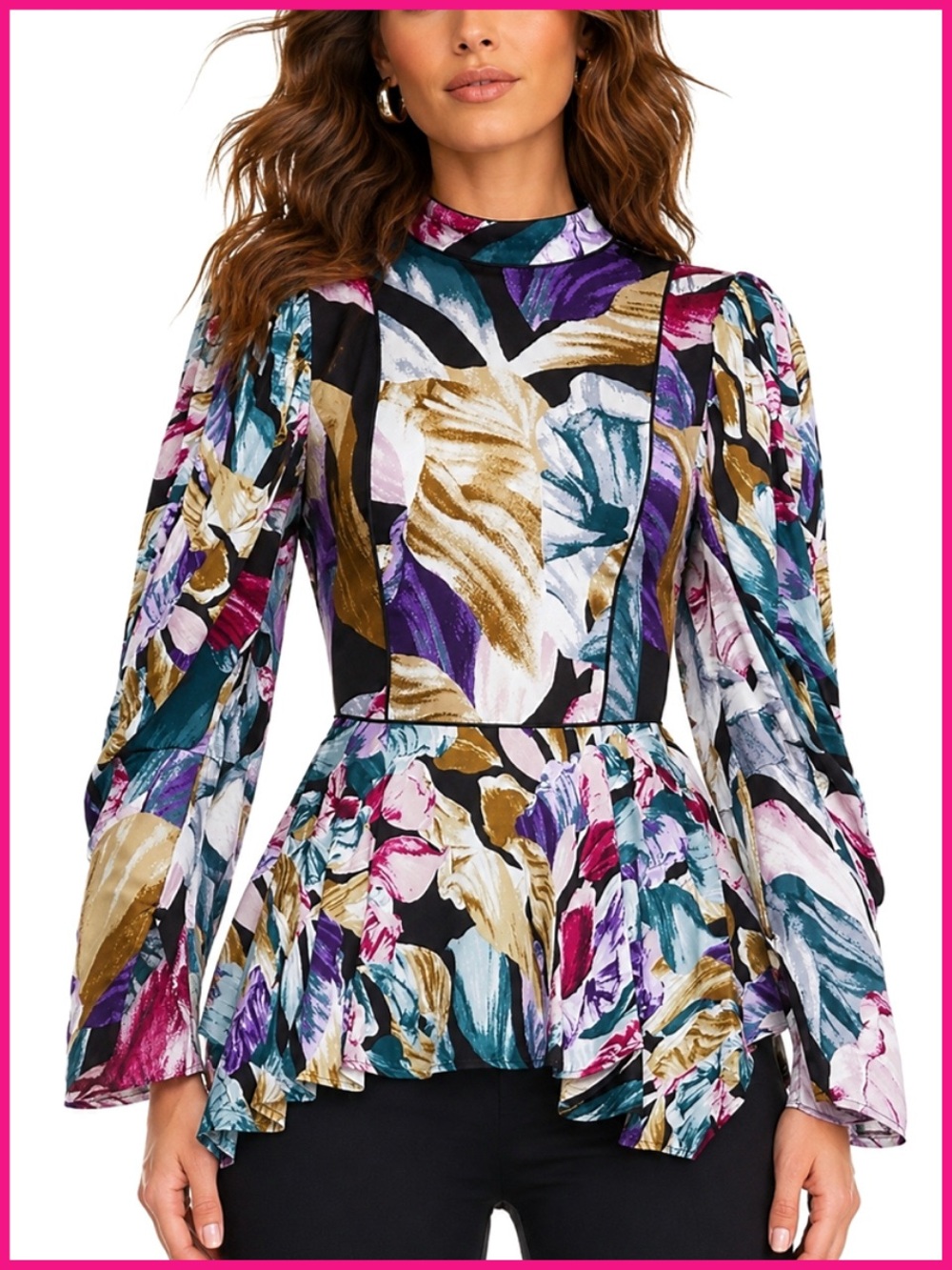 BCBGMaxAzria Multicolored Abstract Floral Peplum Top
